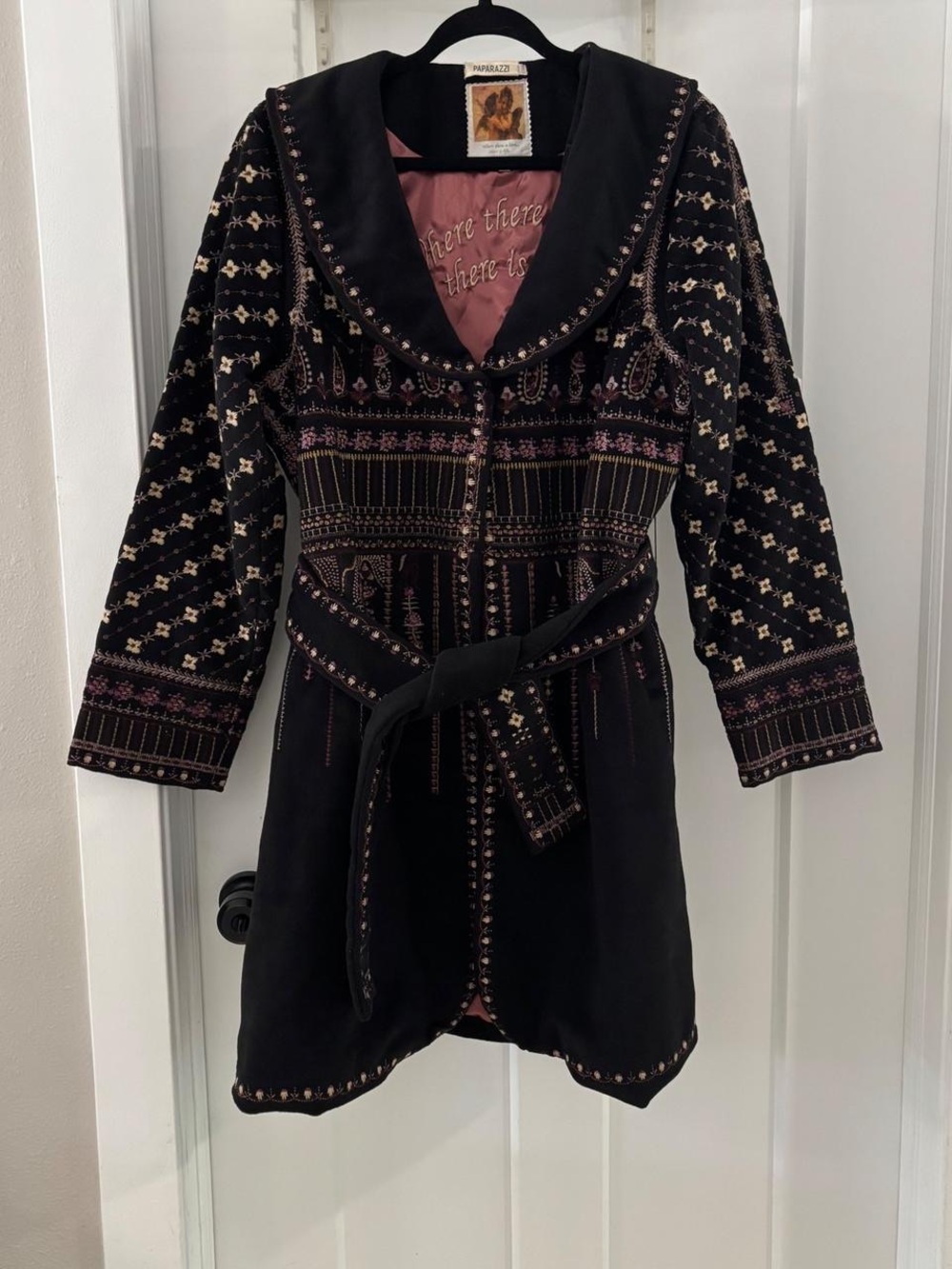 Black Embroidered Belted Coat with Pink Accents